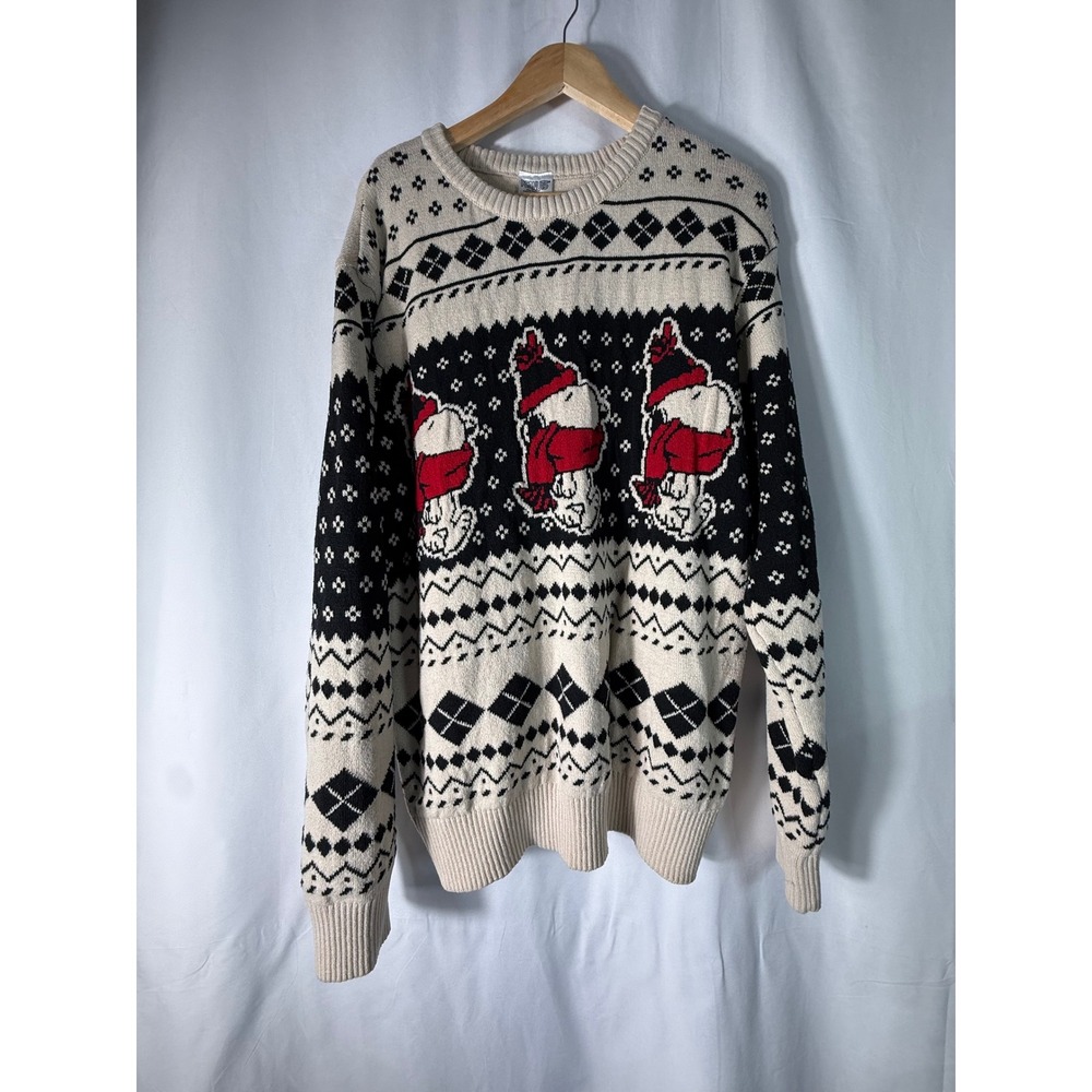 Peanuts Snoopy Christmas Holiday Fair Isle Sweater Cream Black‎ Red XL Mens